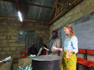 During a seminar with the parents with Stephen Mwenda from Farmers Helping Farmers. Note the huge pot of ‘super githeri’ for sampling!