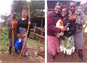 First photo: From left, Charity (translator from Joy), and Mireyne posing with sugarcane Second photo: Delfina (member of Joy) offering a chicken to Charity and I.